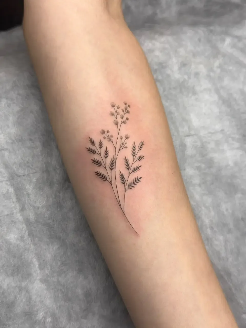 Delicate botanical fine line tattoo on a forearm by GG